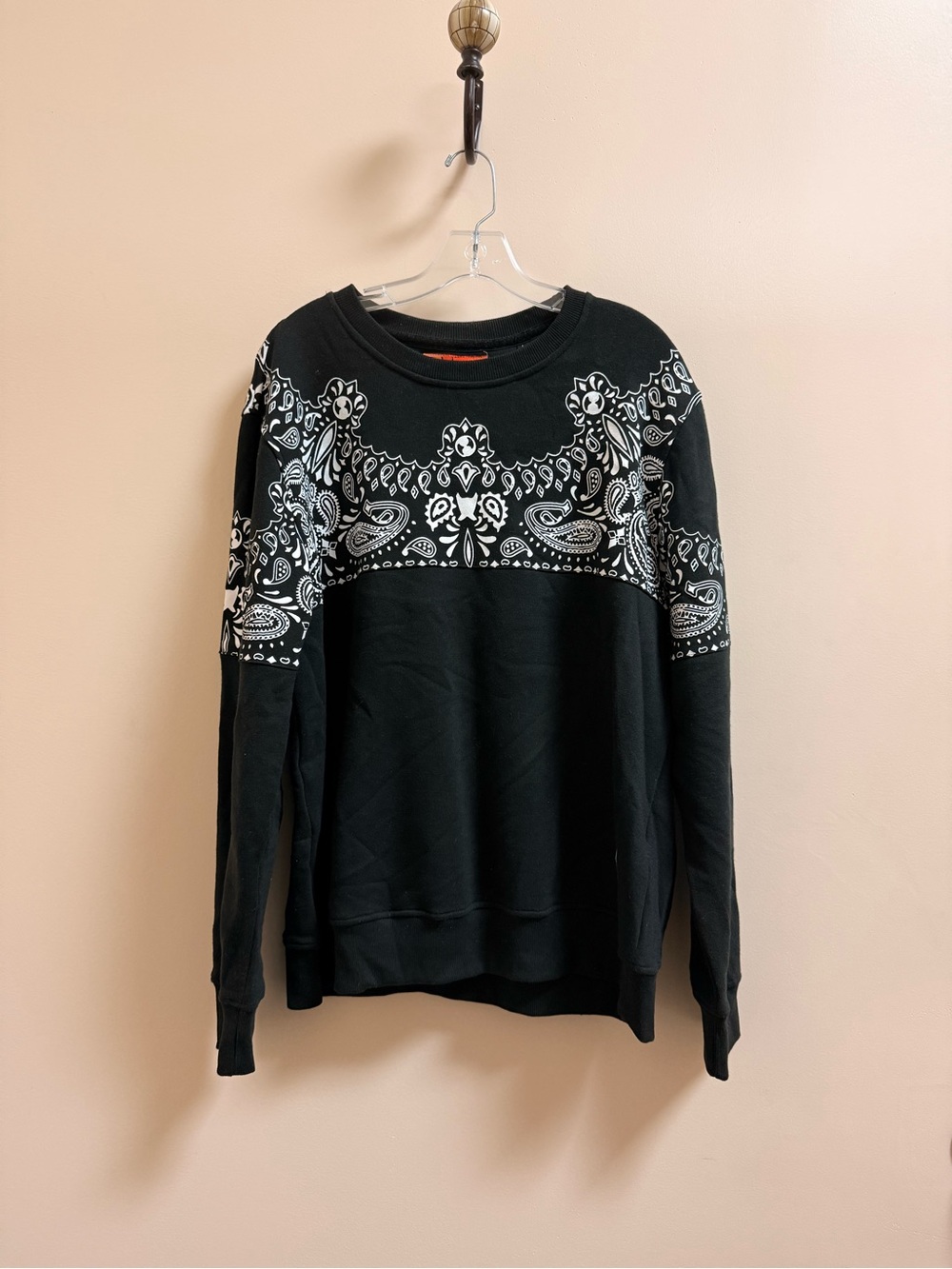Men's Black Crewneck Sweater with White Paisley Print